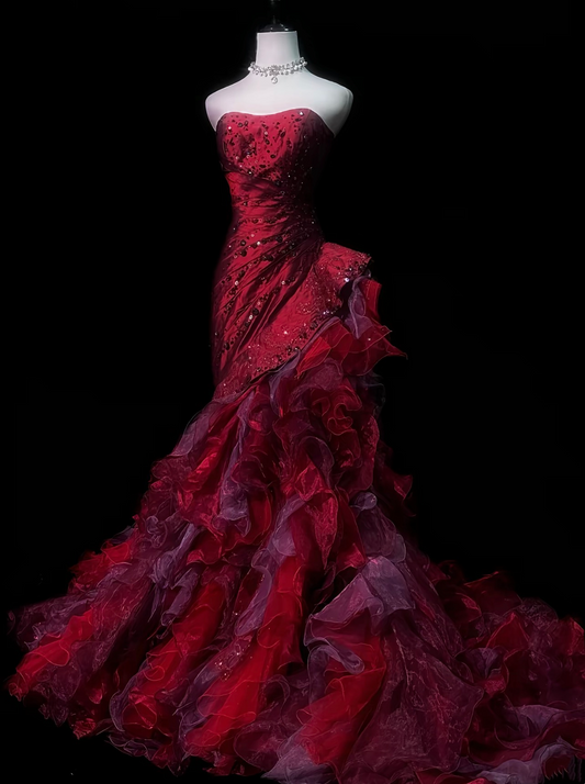 Strapless Burgundy Ruffled Prom Dress Beaded Sweet 16 Birthday Dress  J10386