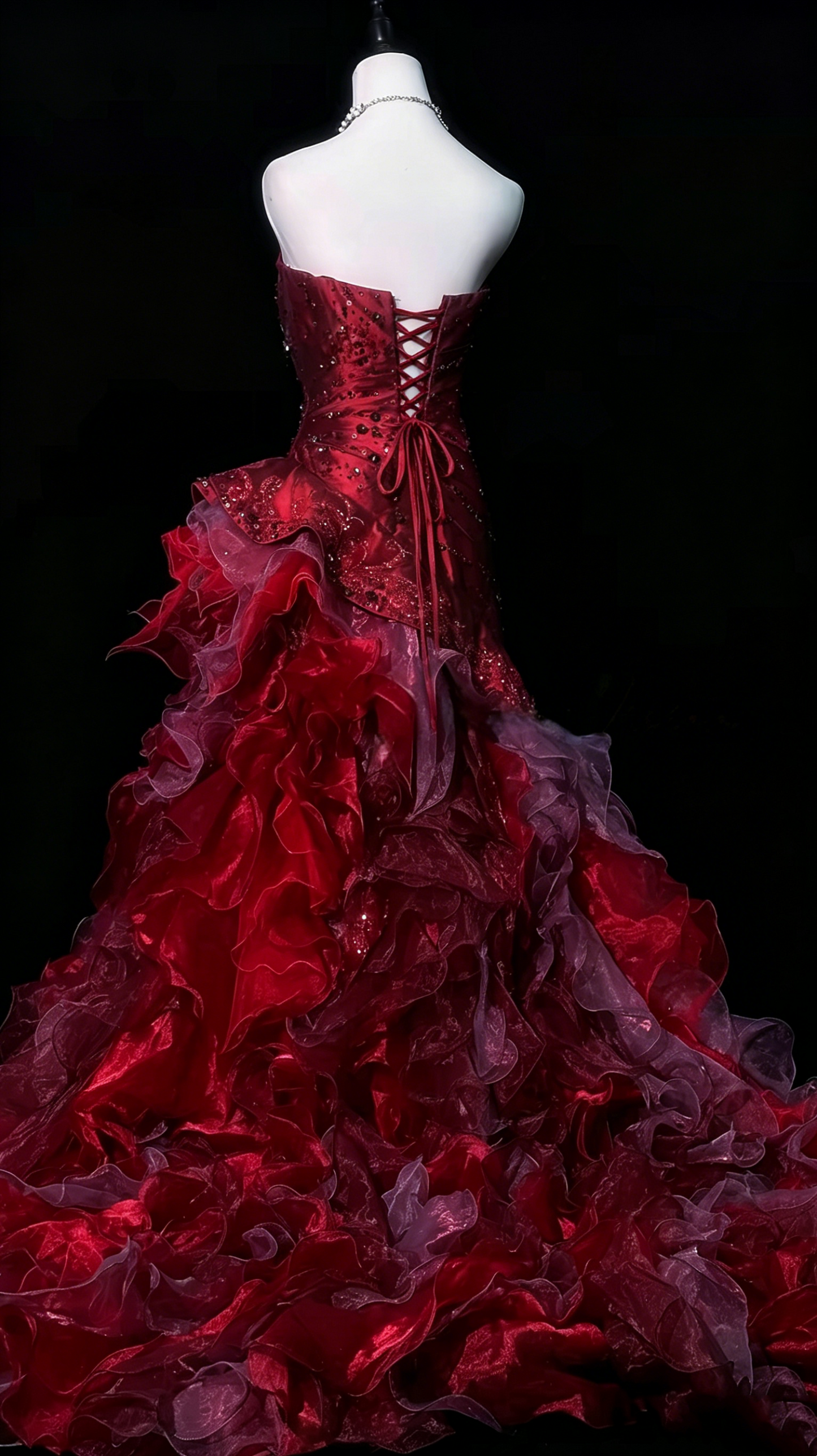 Strapless Burgundy Ruffled Prom Dress Beaded Sweet 16 Birthday Dress  J10386