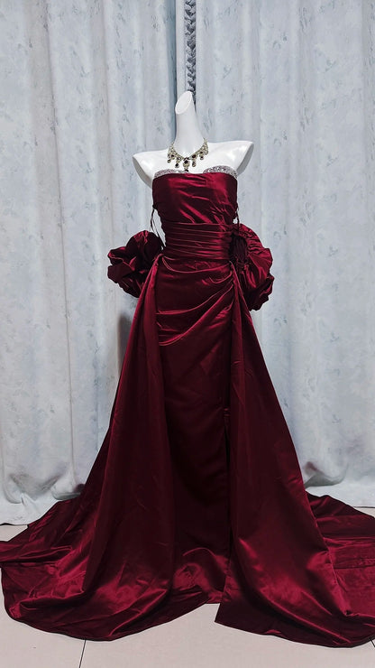 Strapless Burgundy Satin Formal Prom Dress Birthday Dress J10191