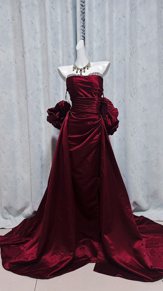 Strapless Burgundy Satin Formal Prom Dress Birthday Dress J10191