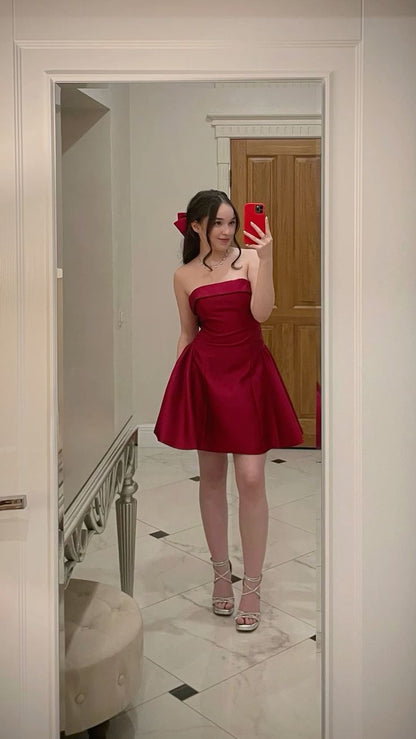 Strapless Burgundy Satin Homecoming Dress Short Birthday Dress  J11398