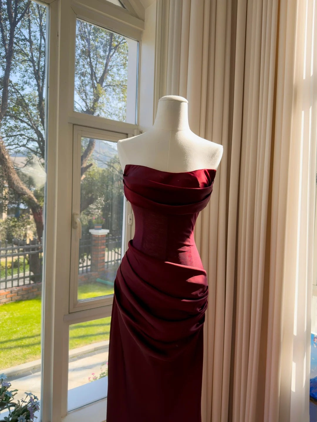 Strapless Burgundy Satin Prom Dress Sheath Elegant Evening Dress  J10281