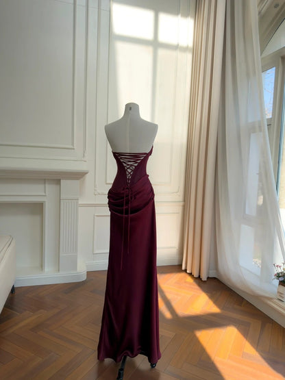 Strapless Burgundy Satin Prom Dress Sheath Elegant Evening Dress  J10281