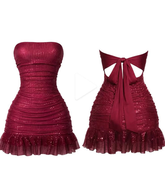 Strapless Burgundy Sequin Homecoming Dress Ruffled Short Party Dress  J11296