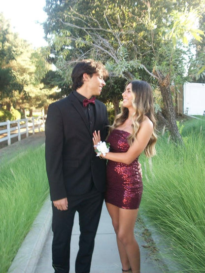 Strapless Burgundy Sequin Sheath Mini Homecoming Dress  J11771