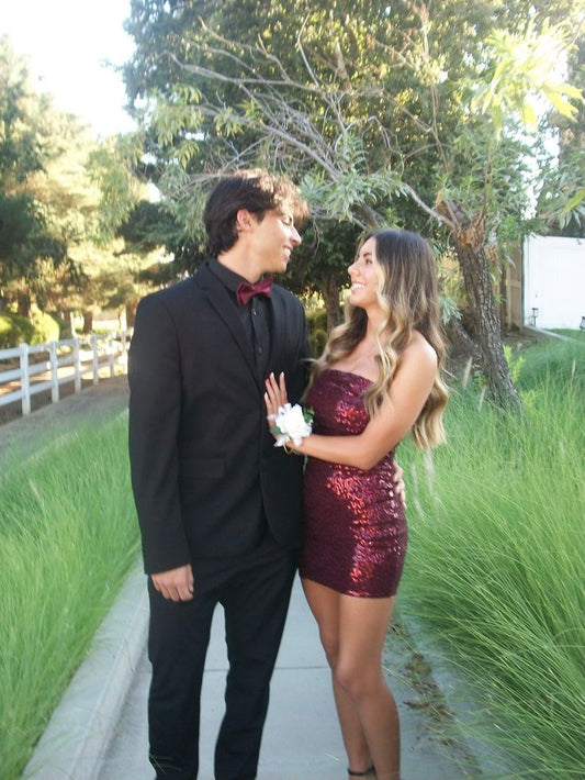 Strapless Burgundy Sequin Sheath Mini Homecoming Dress  J11771