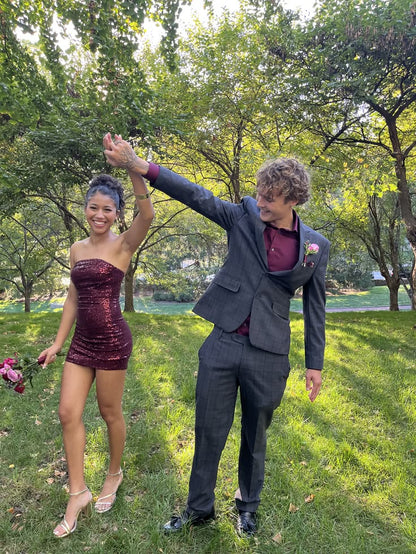 Strapless Burgundy Sequin Sheath Mini Homecoming Dress  J11771
