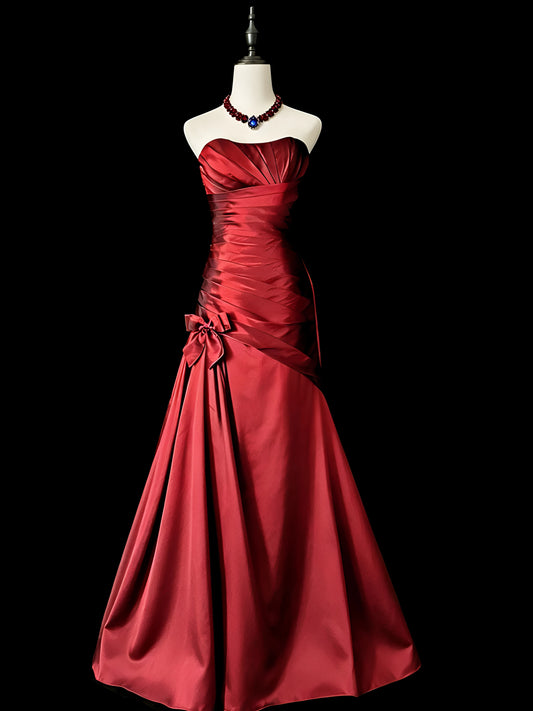 Strapless Burgundy Sheath Formal Prom Dress Retro Evening Gown  J11733