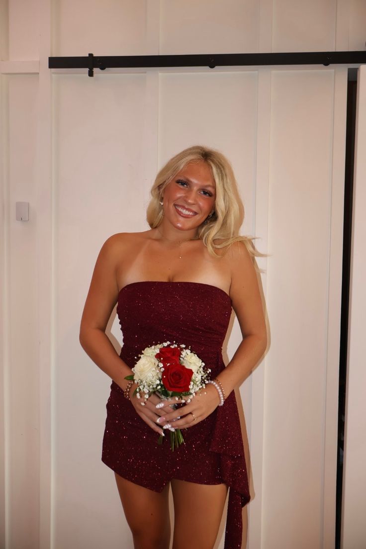 Strapless Burgundy Sheath Homecoming Dress Ruffled Cocktail Dress  J11482