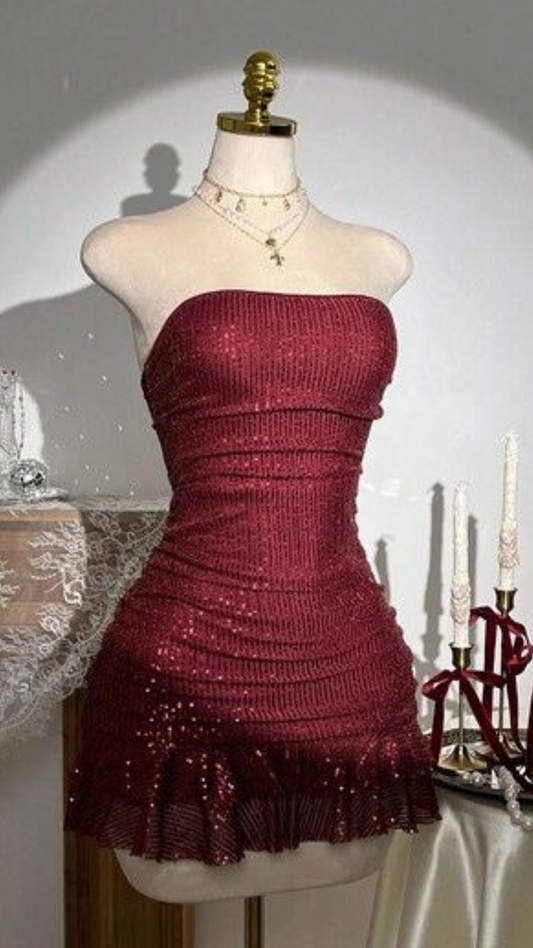 Strapless Burgundy Sparkle Homecoming Dress Short Birthday Dress  J11063
