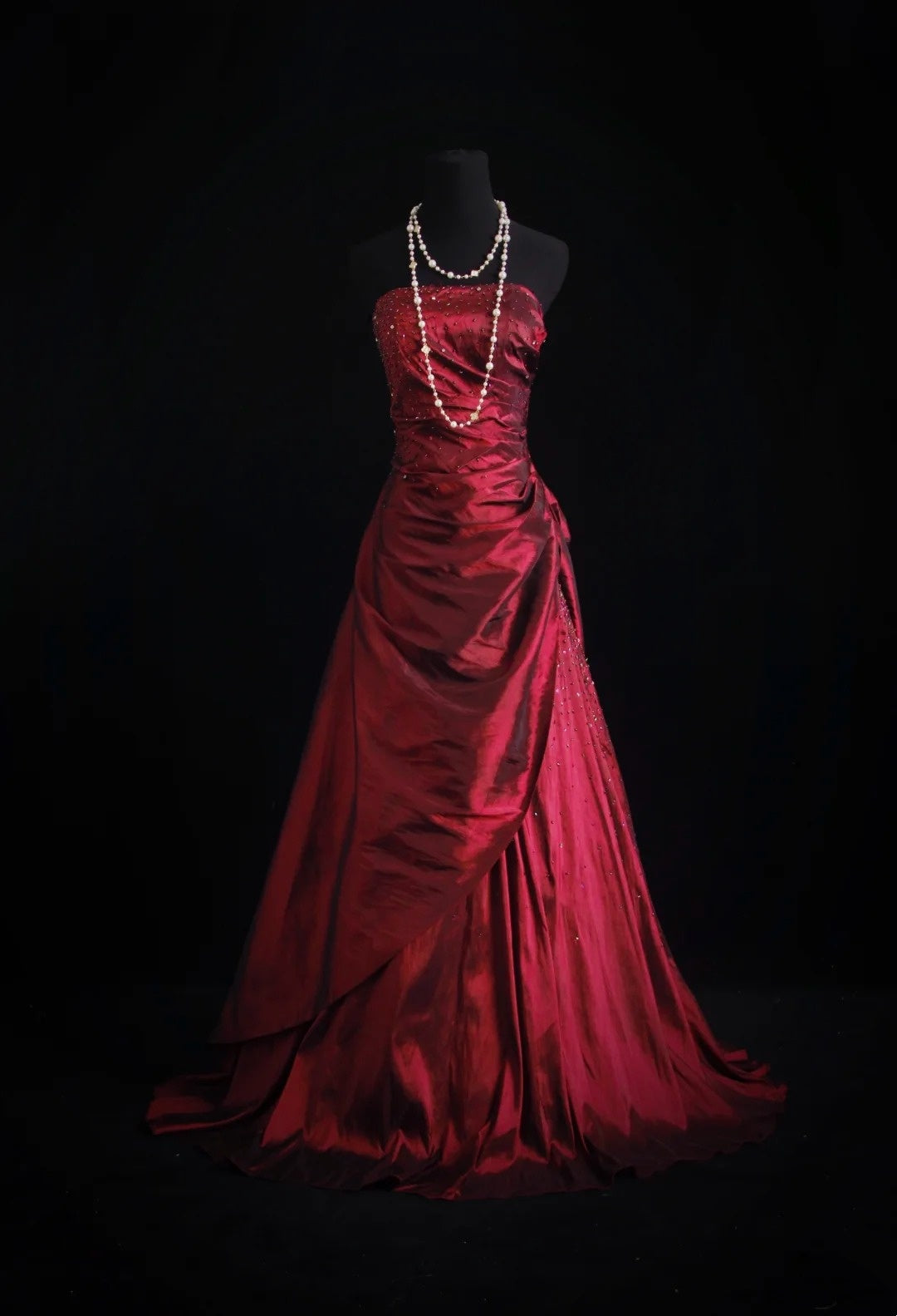 Strapless Burgundy Taffeta Retro Formal Prom Dress Beaded A Line Evening Dress  J10331