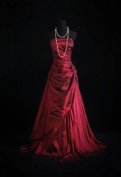 Strapless Burgundy Taffeta Retro Formal Prom Dress Beaded A Line Evening Dress  J10331
