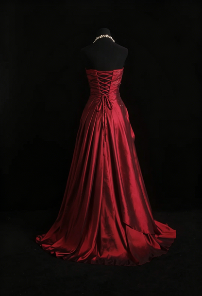 Strapless Burgundy Taffeta Retro Formal Prom Dress Beaded A Line Evening Dress  J10331