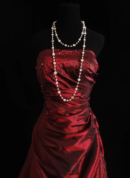 Strapless Burgundy Taffeta Retro Formal Prom Dress Beaded A Line Evening Dress  J10331