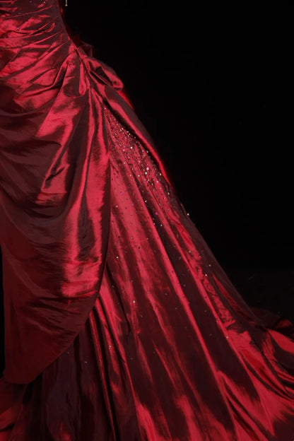 Strapless Burgundy Taffeta Retro Formal Prom Dress Beaded A Line Evening Dress  J10331