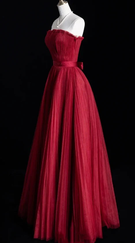 Strapless Burgundy Tulle Pleated Formal Prom Dress   J12216