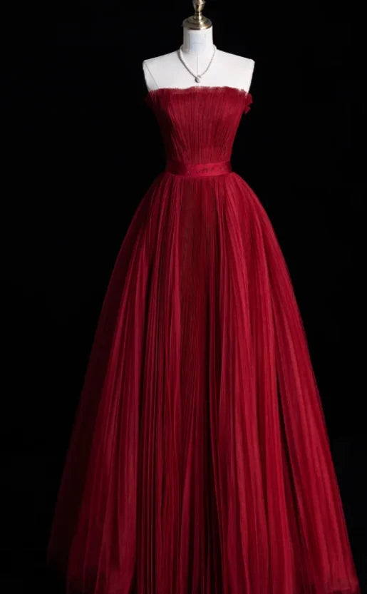 Strapless Burgundy Tulle Pleated Formal Prom Dress   J12216