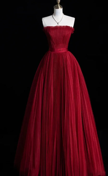 Strapless Burgundy Tulle Pleated Formal Prom Dress   J12216