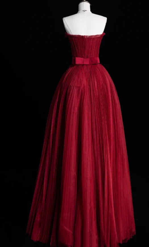 Strapless Burgundy Tulle Pleated Formal Prom Dress   J12216