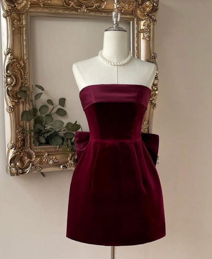 Strapless Burgundy Velvet Sheath Homecoming Dress With Bow Knot  J11352
