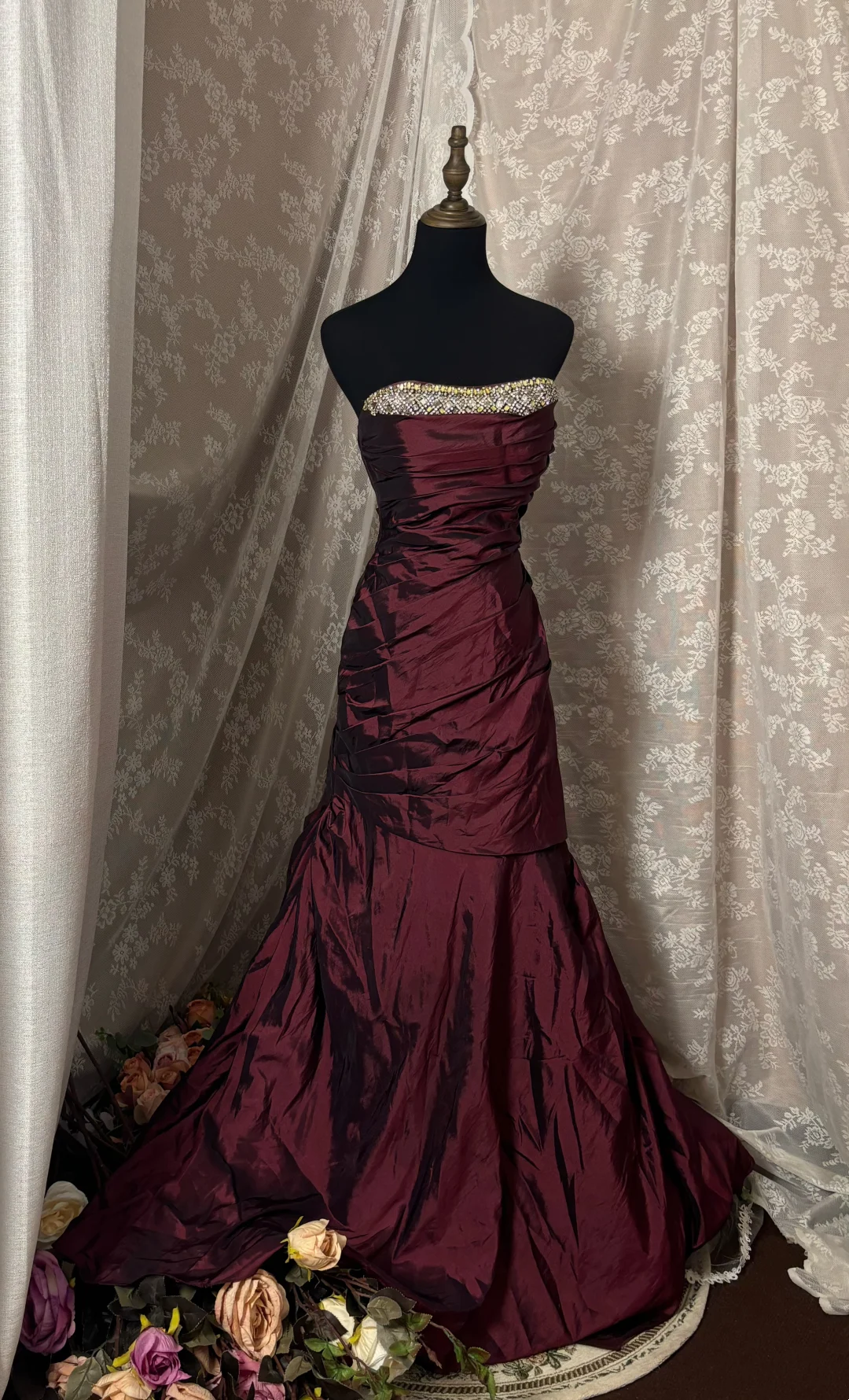Strapless Burgundy Vintage Prom Dress Taffeta Formal Dress  J10002