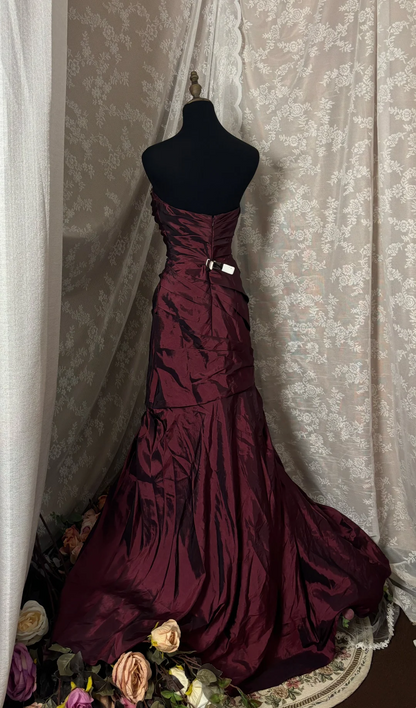 Strapless Burgundy Vintage Prom Dress Taffeta Formal Dress  J10002