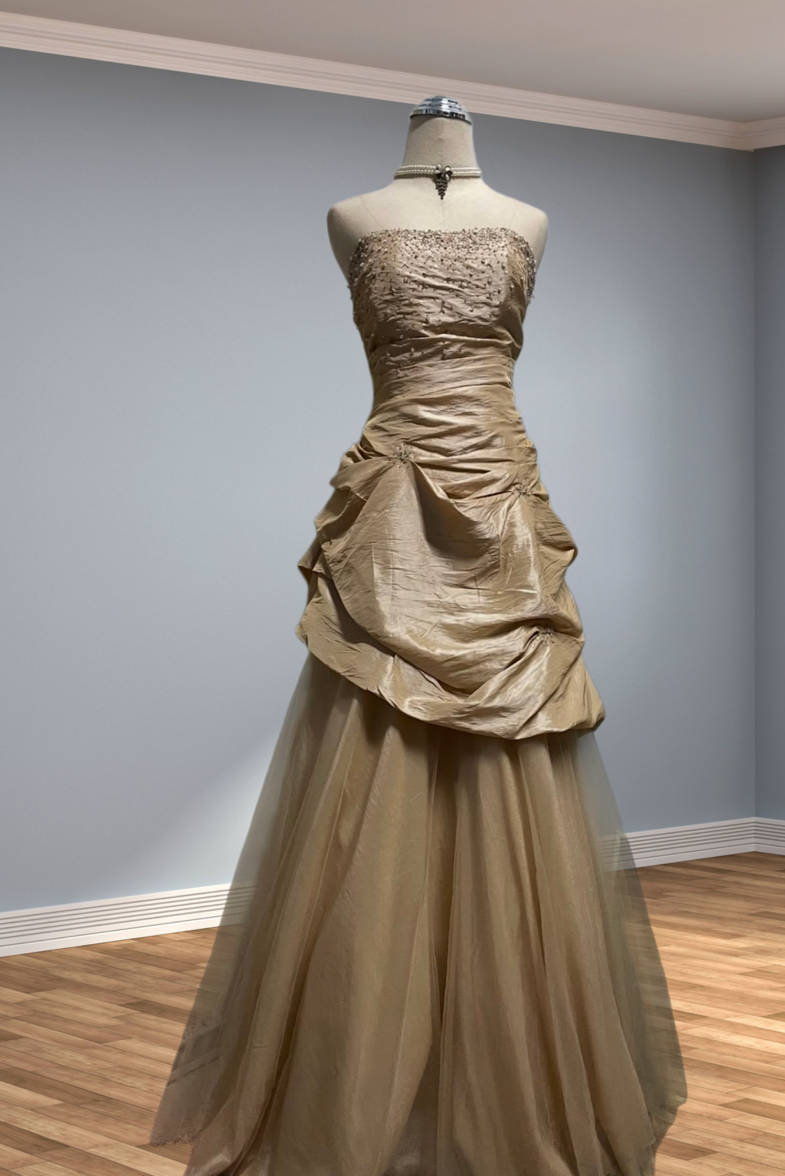 Trägerloses silbernes Vintage-Abendkleid, A-Linie, Geburtstagskleid J9370