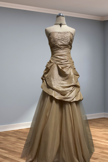 Trägerloses silbernes Vintage-Abendkleid, A-Linie, Geburtstagskleid J9370