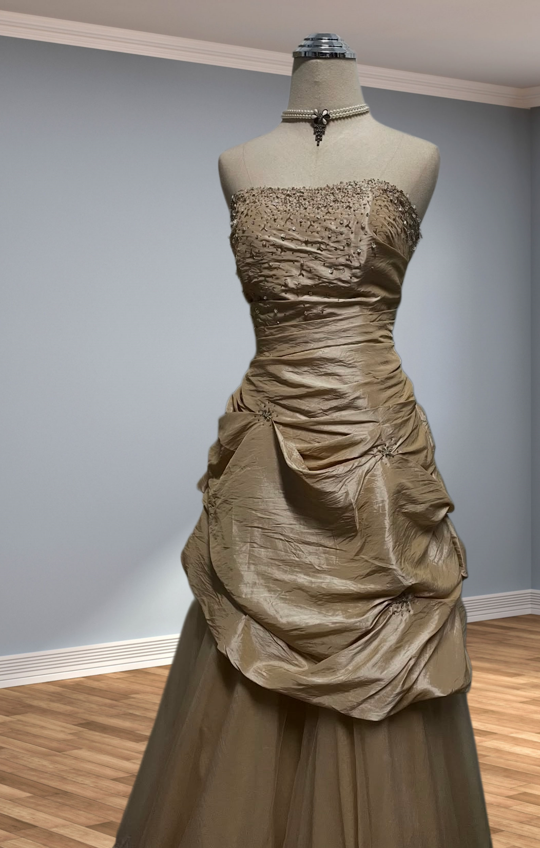 Trägerloses silbernes Vintage-Abendkleid, A-Linie, Geburtstagskleid J9370