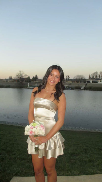 Strapless Champagne Satin Homecoming Dress Ruffled Birthday Dress  J11478