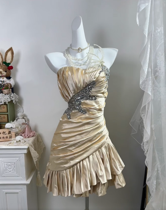 Strapless Champagne Satin Homecoming Dress Ruffled Short Birthday Dress J11156