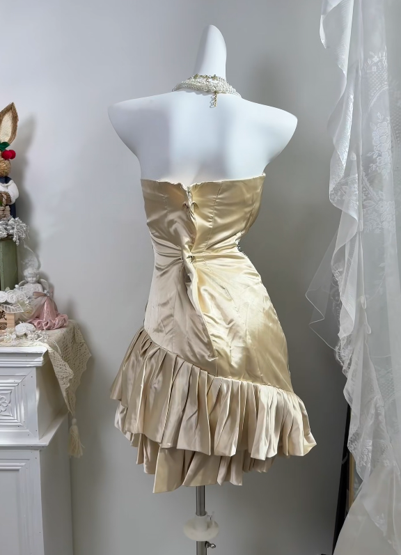 Strapless Champagne Satin Homecoming Dress Ruffled Short Birthday Dress J11156