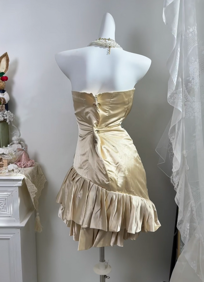 Strapless Champagne Satin Homecoming Dress Ruffled Short Birthday Dress J11156