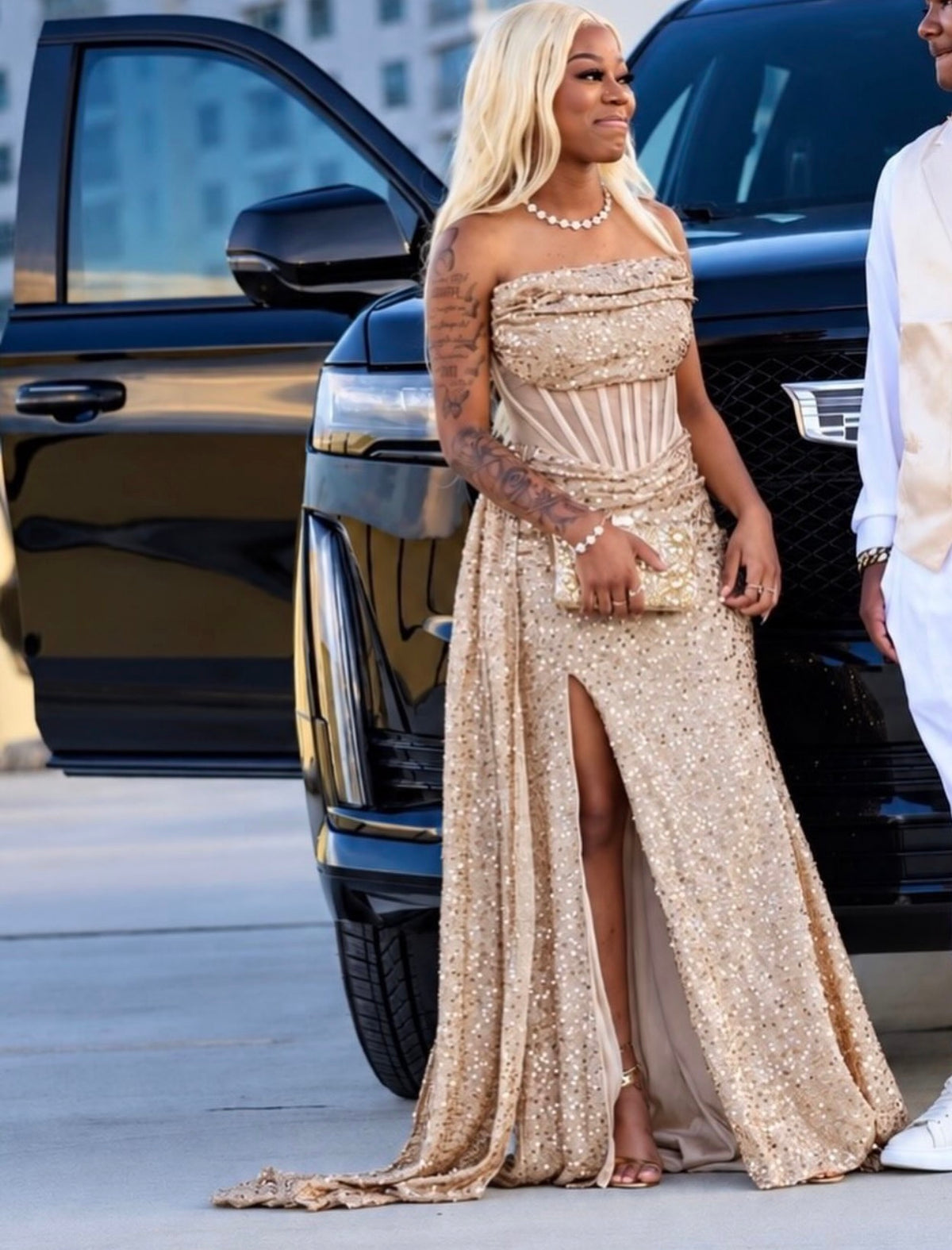 Strapless Champagne Sequins Mermaid Prom Dress With Slit  J12119