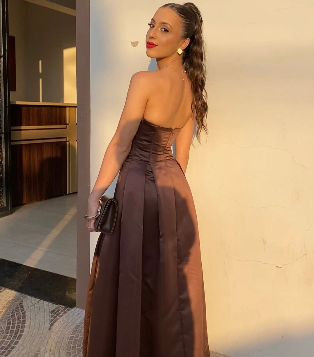 Strapless Coffee A Line Satin Formal Prom Dress Wedding Guest Dress  J11970