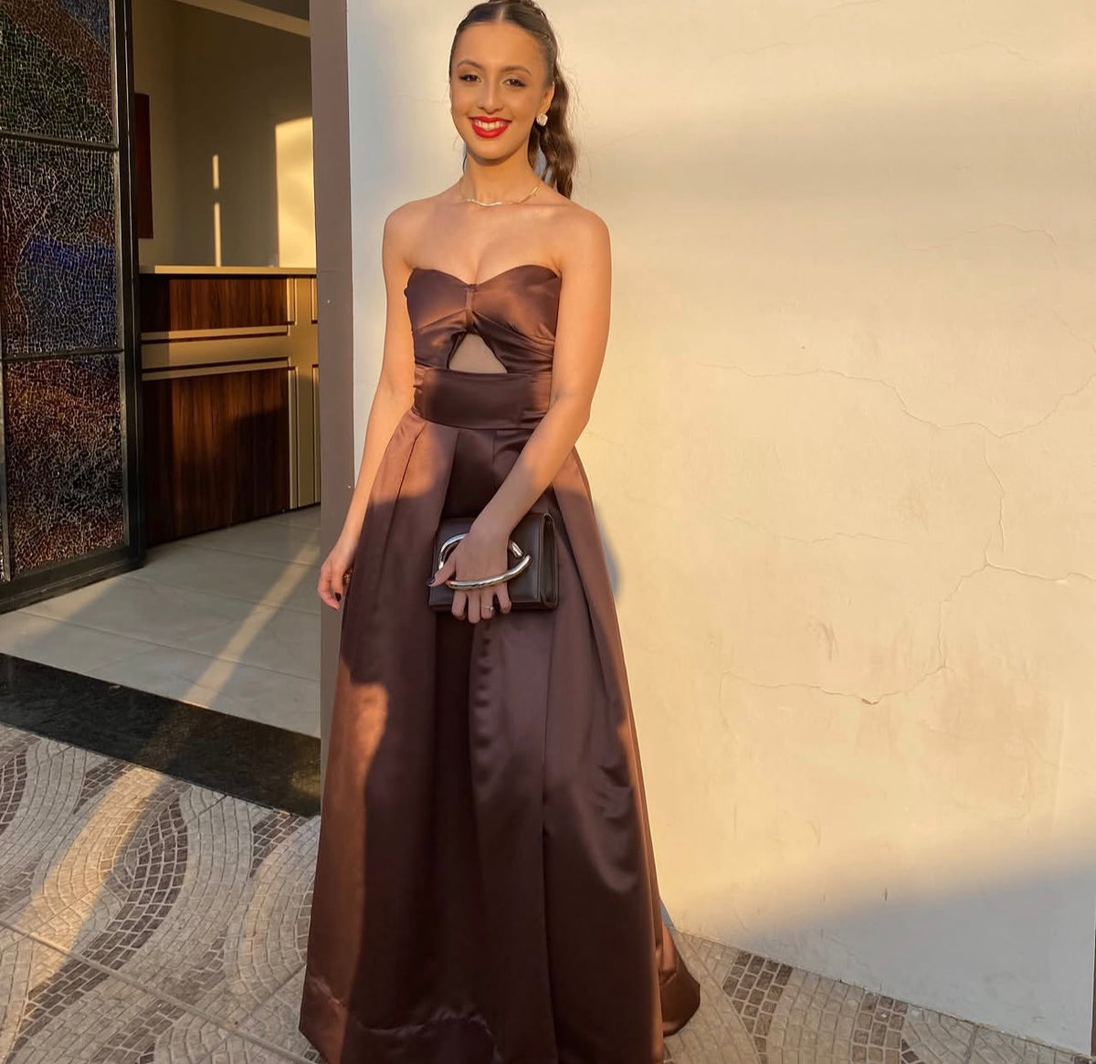 Strapless Coffee A Line Satin Formal Prom Dress Wedding Guest Dress  J11970