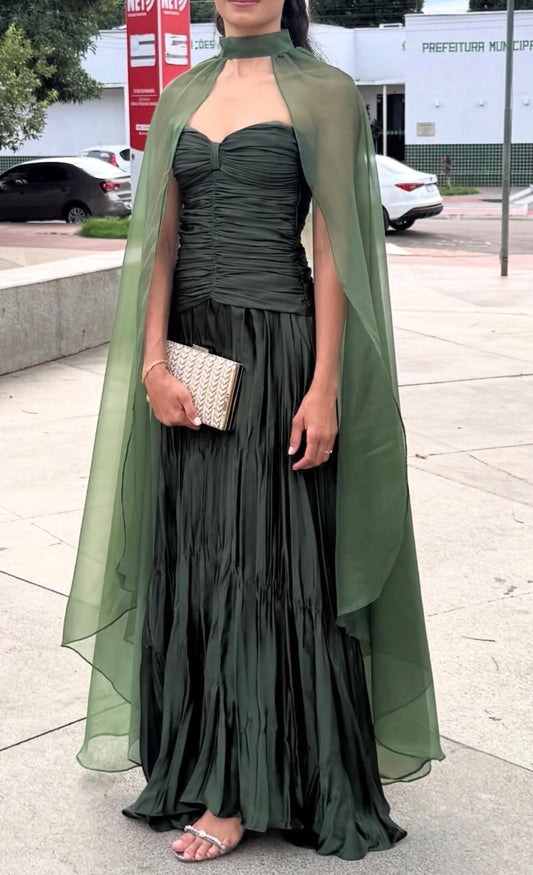 Strapless Dark Green Prom Dress A Line Satin Wedding Guest Dress J10101