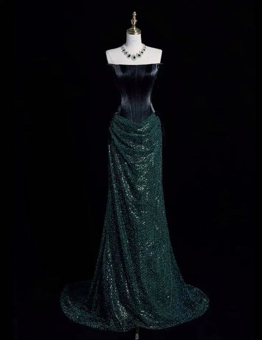Strapless Dark Green Sequin Prom Dress Mermaid Evening Dress  J10201