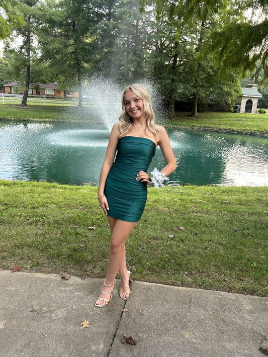 Strapless Dark Green Sheath Homecoming Dress Short Party Dress  J11311