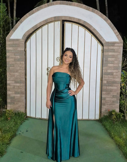 Strapless Emerald Green Satin Formal Prom Dress With Slit  J11969