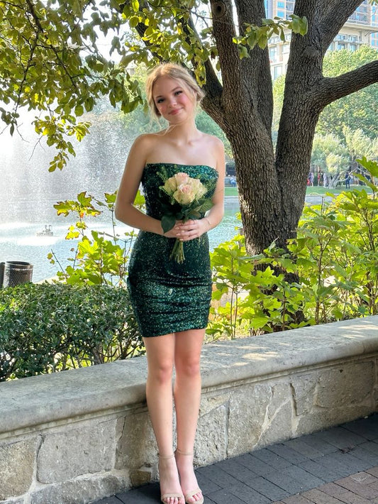 Strapless Emerald Green Sheath Sequin Homecoming Dress  J11070