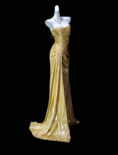 Trägerloses silbernes Vintage-Abendkleid, A-Linie, Geburtstagskleid J9370