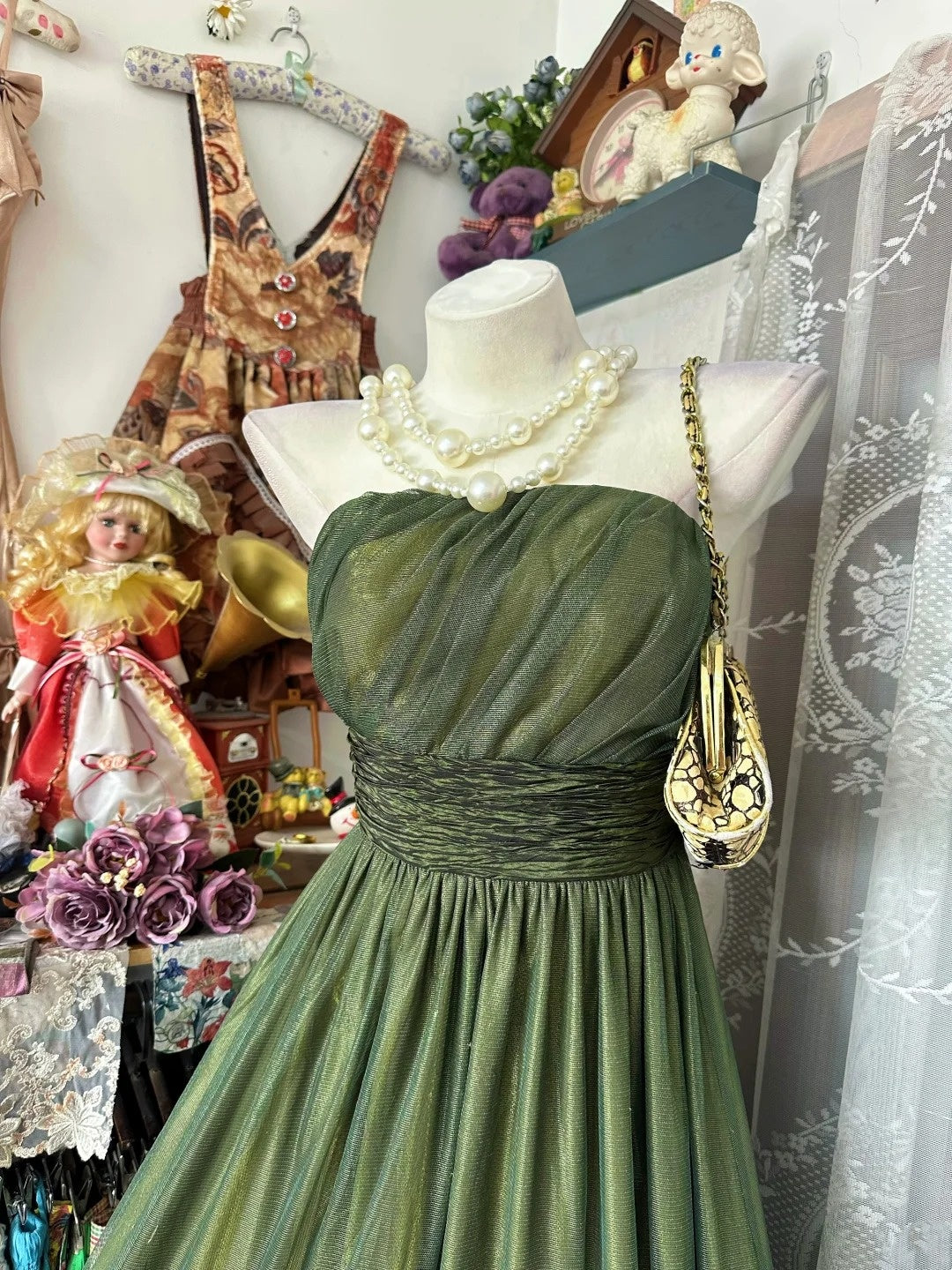 Trägerloses silbernes Vintage-Abendkleid, A-Linie, Geburtstagskleid J9370