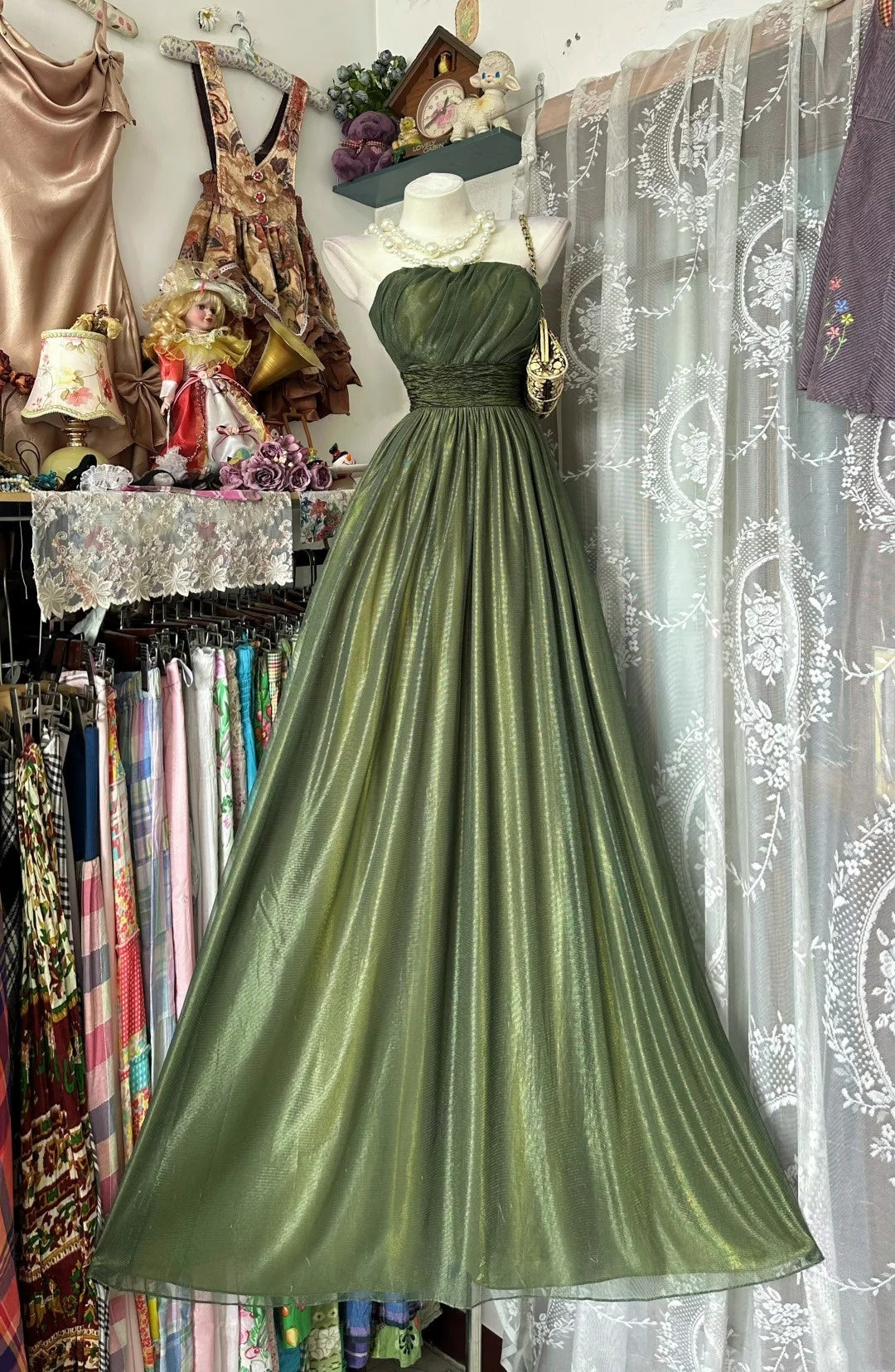 Trägerloses silbernes Vintage-Abendkleid, A-Linie, Geburtstagskleid J9370