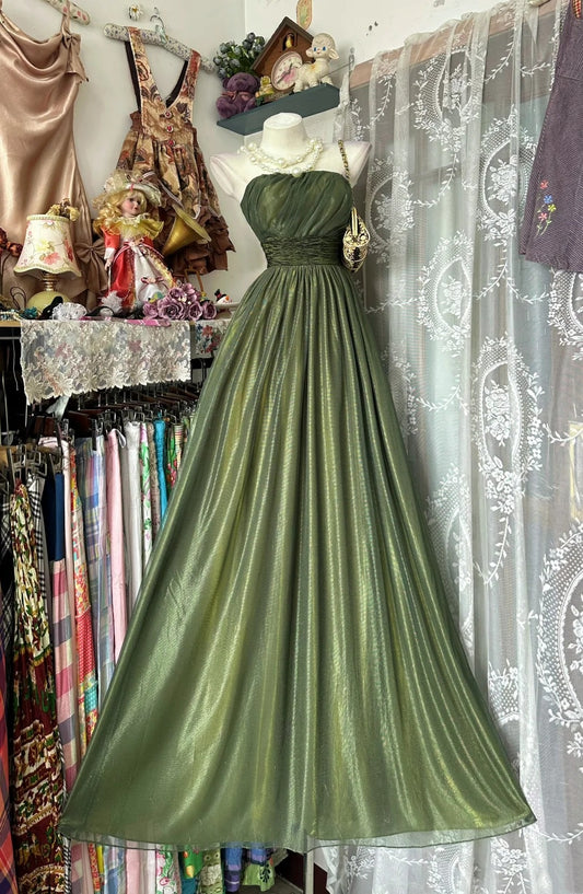 Trägerloses silbernes Vintage-Abendkleid, A-Linie, Geburtstagskleid J9370