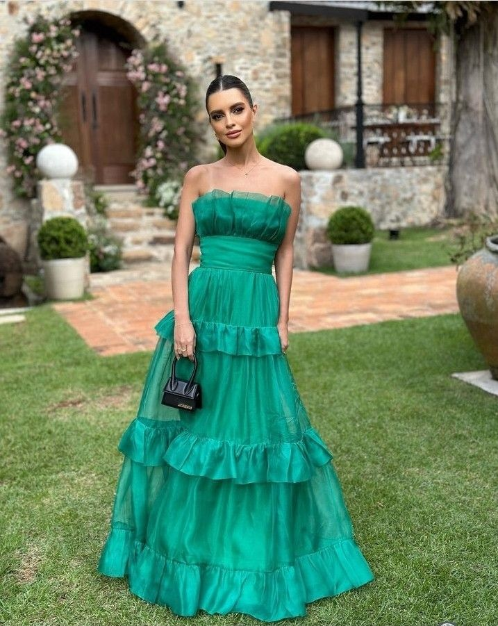 Strapless Green A Line Ruffled Formal Wedding Guest Dress J9972