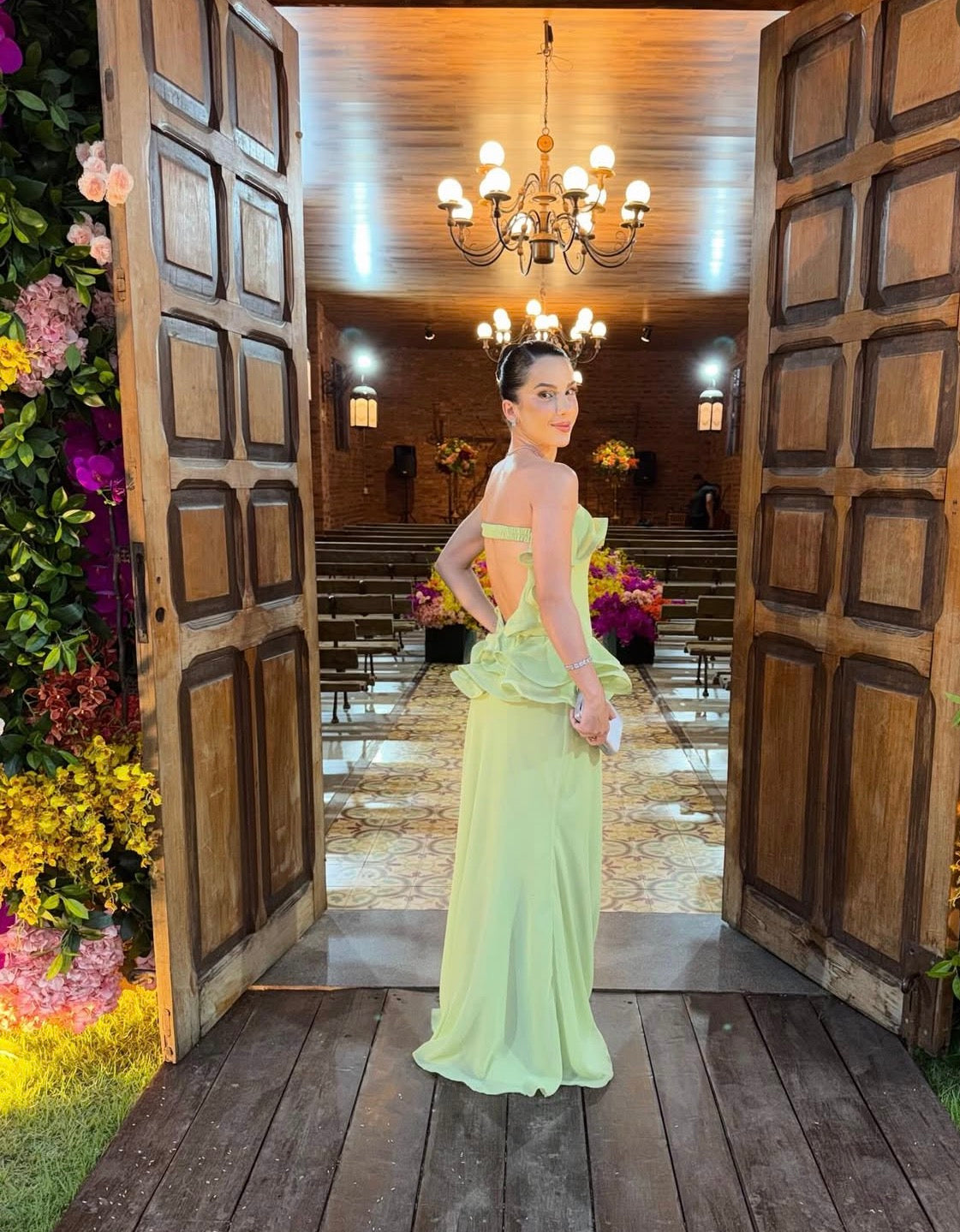 Strapless Green Chiffon Ruffled Open Back Wedding Guest Dress J10094