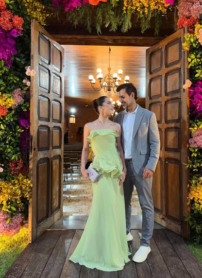 Strapless Green Chiffon Ruffled Open Back Wedding Guest Dress J10094