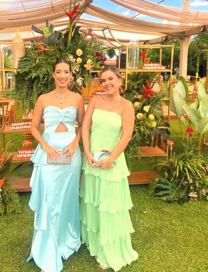 Strapless Green Pleaded Wedding Guest Dress A Line Formal Prom Dress  J10238