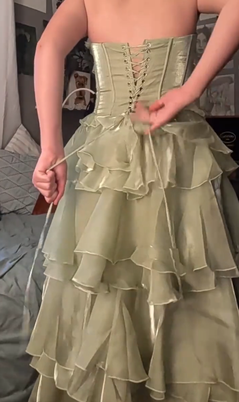 Strapless Green Ruffled Prom Dress Layered Fairy Birthday Gown  J10433